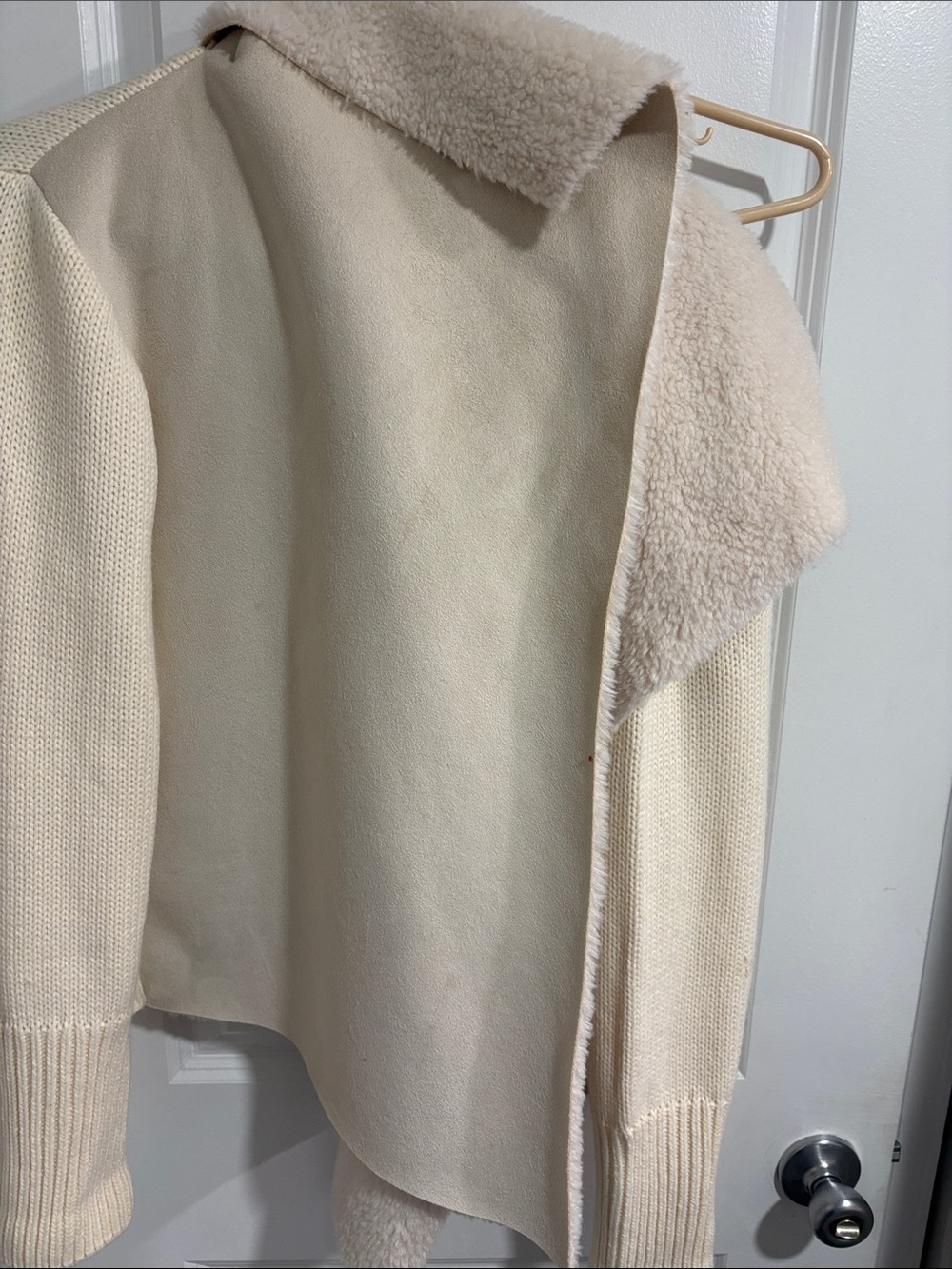 LOFT Cream Open-Front Cardigan with Plush Shawl Collar - Picture 3 of 5